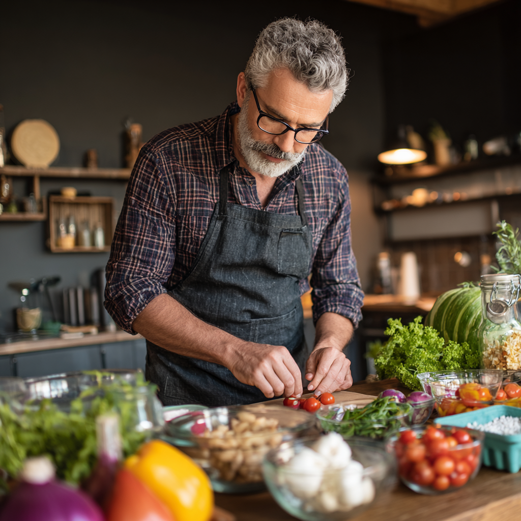 50 years old person organizing healthy meal ingredients for weekly planning