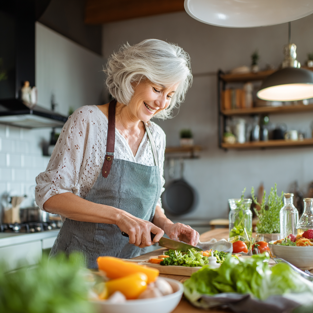 Happy 52 years old woman preparing nutritious meal following her personalized torpivalen meal plan