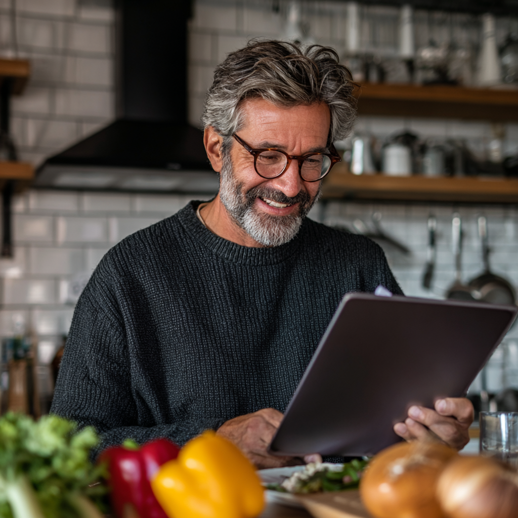 Satisfied 51 years old adult reviewing personalized meal plan results in kitchen